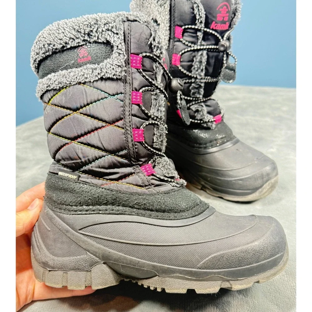 Kamik Star3 Snow Boots Girls 3 Black Pink Faux Fur Waterproof Winter